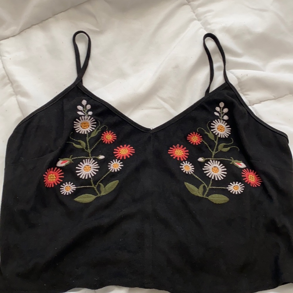 Suede like Black Floral Cropped Top